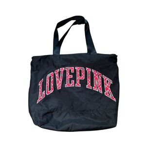 Victorias Secret PINK Black Canvas Tote Bag Red Plaid Logo Zipper Large Gym Bag